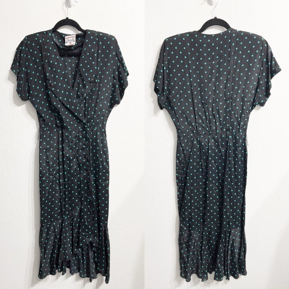 Vintage Contempo Casuals Retro Polka Dot Wrap Button Dress 9 Green Black 90s - Picture 1 of 10